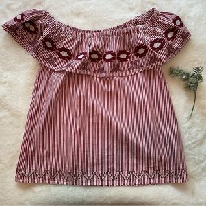 Joy Joy | EUC - Embroidered Off Shoulder Blouse - Maroon - Size M